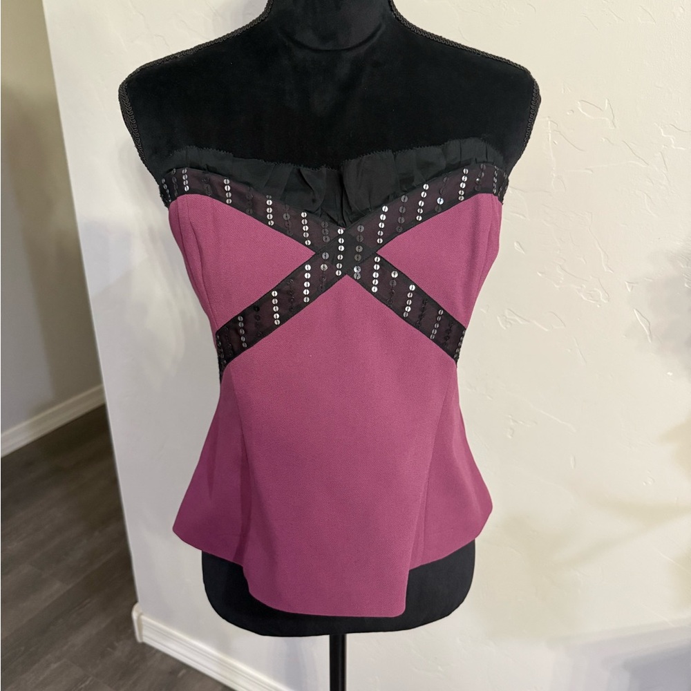 VTG Y2K Randolph Duke Jewel Tone Purple Tube Top With Black Ruffle Trim. Size 16